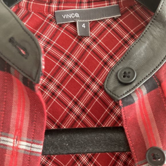 Vince cotton blend long sleeved red plaid blouse with leather trim. Size 4 - Picture 4 of 9